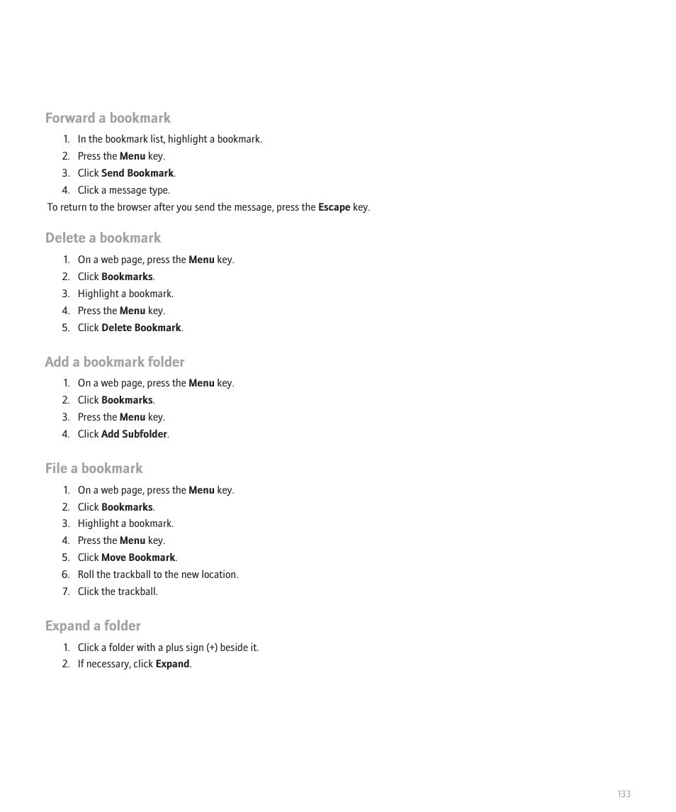 Forward a bookmark, Delete a bookmark, Add a bookmark folder | File a bookmark, Expand a folder | Blackberry 8320 User Manual | Page 135 / 288