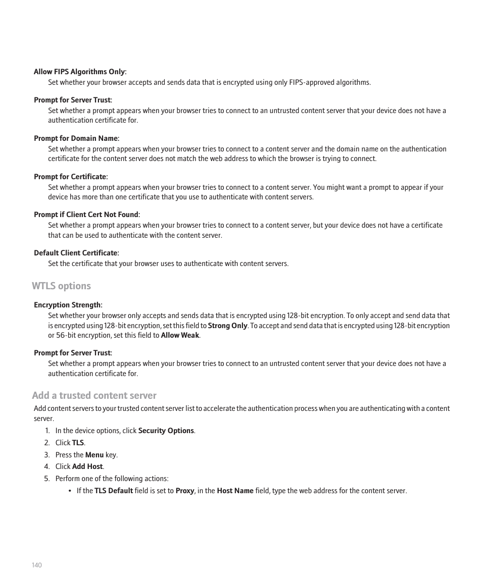 Wtls options, Add a trusted content server | Blackberry 8320 User Manual | Page 142 / 288