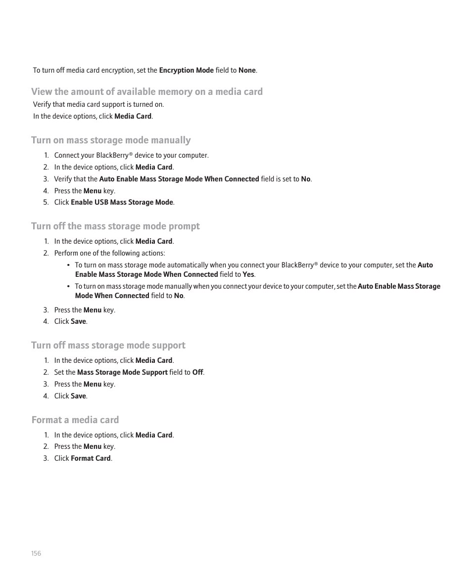 Turn on mass storage mode manually, Turn off the mass storage mode prompt, Turn off mass storage mode support | Format a media card | Blackberry 8320 User Manual | Page 158 / 288