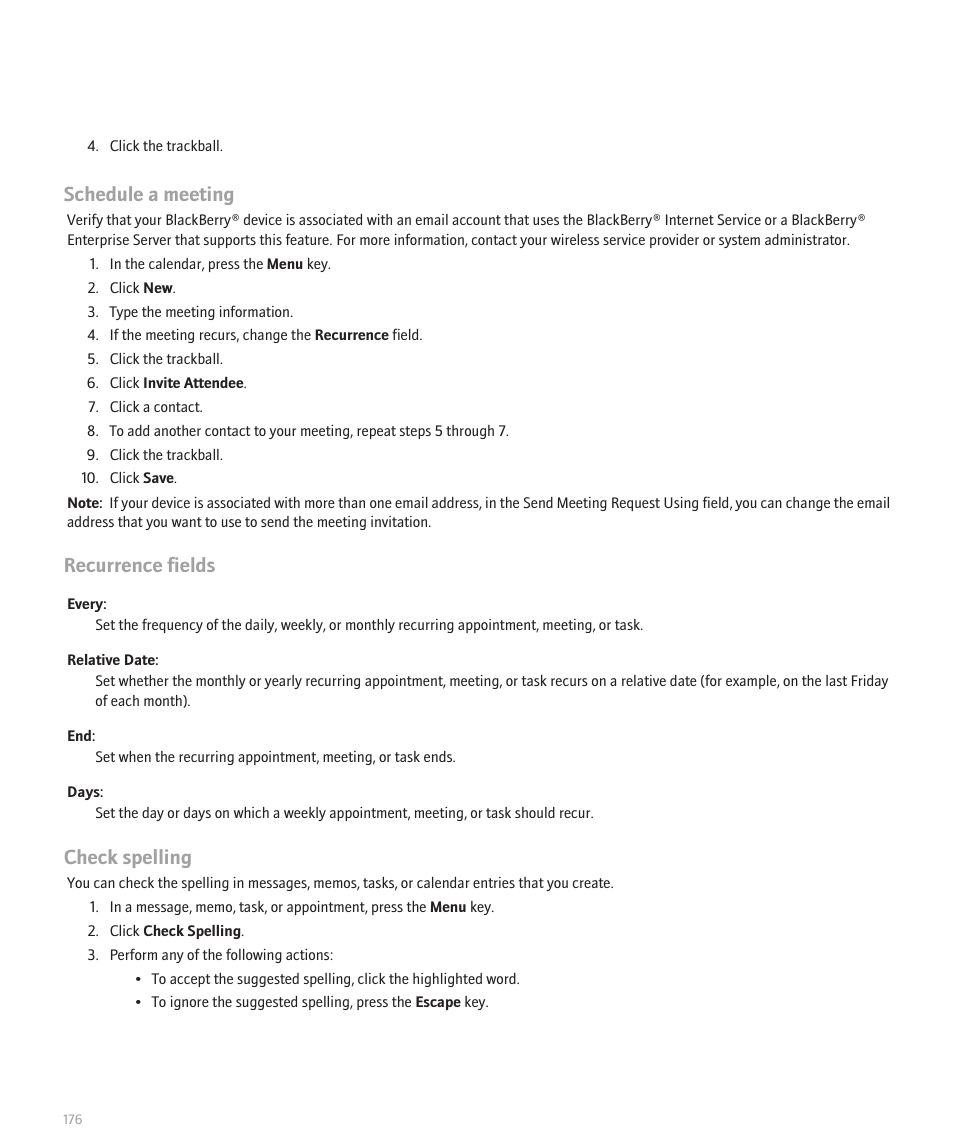 Schedule a meeting, Recurrence fields, Check spelling | Blackberry 8320 User Manual | Page 178 / 288
