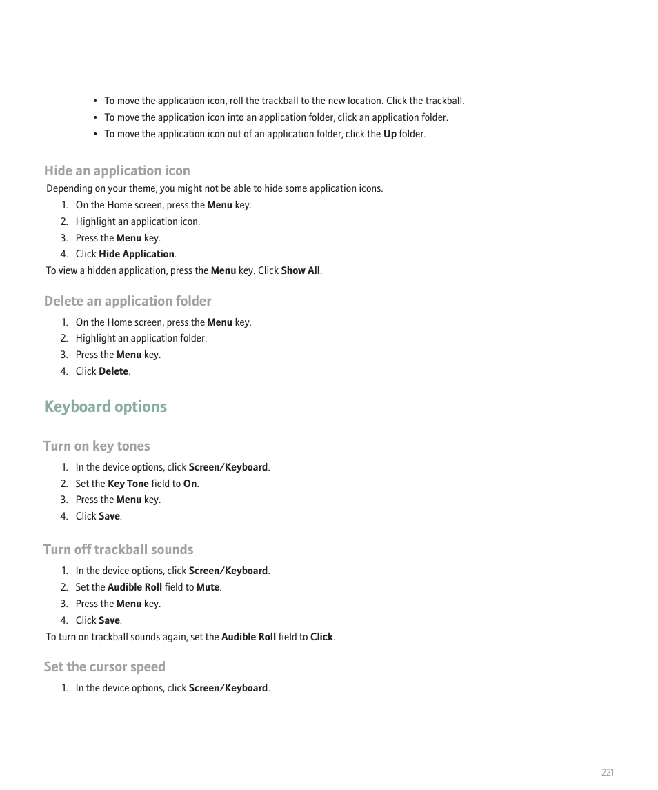 Keyboard options, Hide an application icon, Delete an application folder | Turn on key tones, Turn off trackball sounds, Set the cursor speed | Blackberry 8320 User Manual | Page 223 / 288