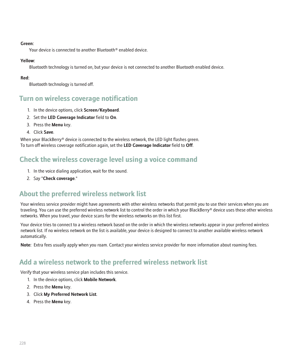 About the preferred wireless network list, Turn on wireless coverage notification | Blackberry 8320 User Manual | Page 230 / 288