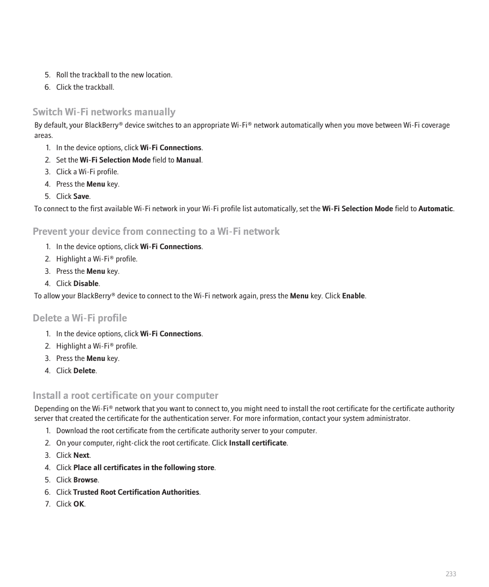 Switch wi-fi networks manually, Delete a wi-fi profile, Install a root certificate on your computer | Blackberry 8320 User Manual | Page 235 / 288
