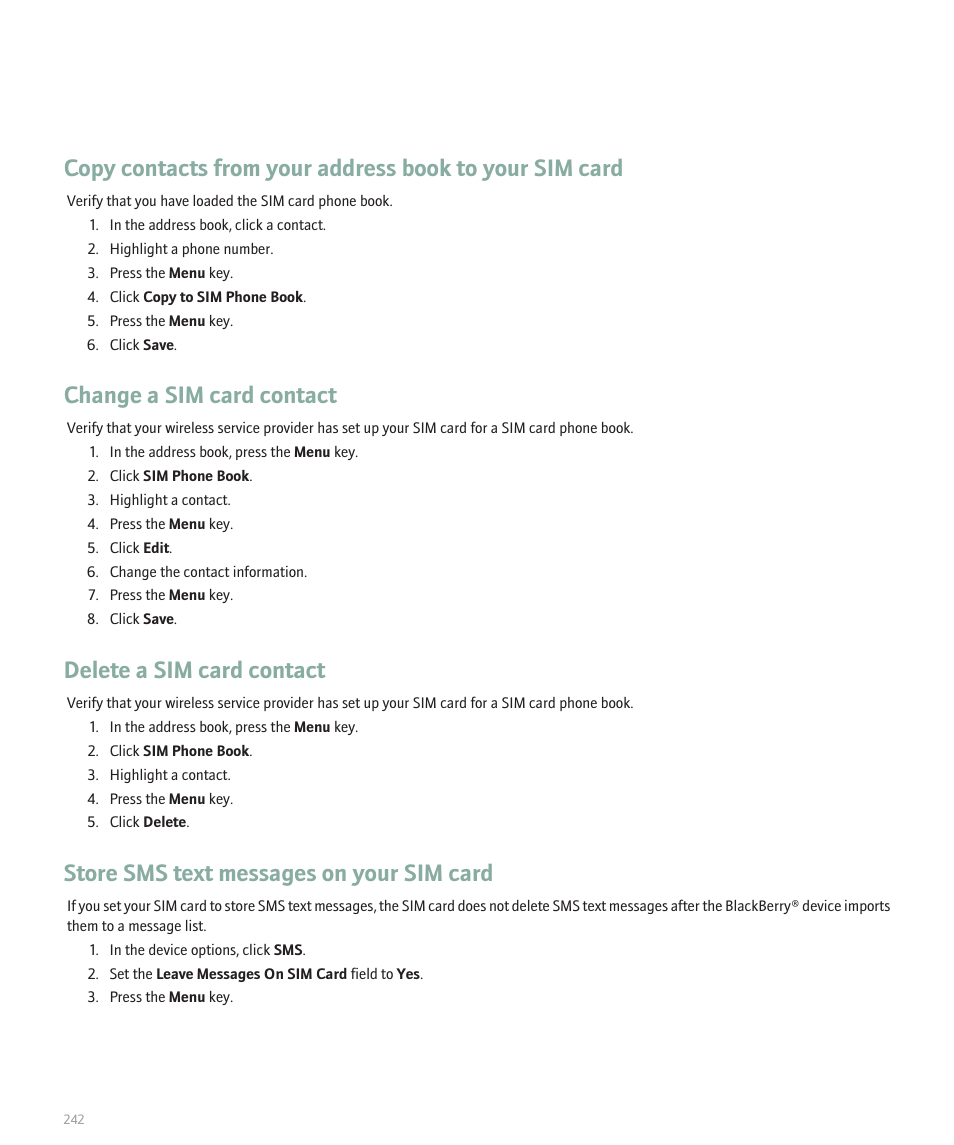 Change a sim card contact, Delete a sim card contact, Store sms text messages on your sim card | Blackberry 8320 User Manual | Page 244 / 288