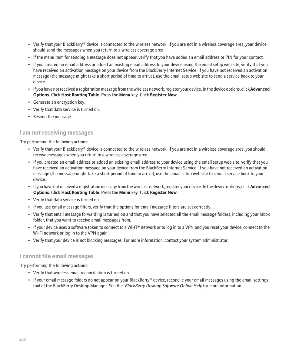 I am not receiving messages, I cannot file email messages | Blackberry 8320 User Manual | Page 270 / 288