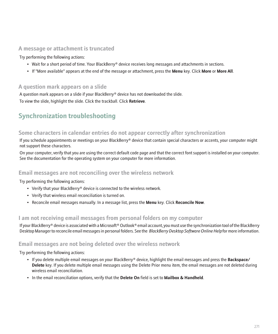Synchronization troubleshooting, A message or attachment is truncated, A question mark appears on a slide | Blackberry 8320 User Manual | Page 273 / 288