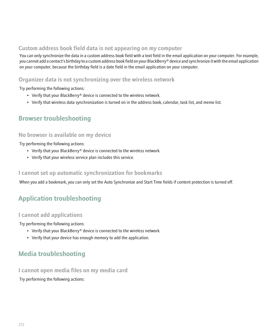 Browser troubleshooting, Application troubleshooting, Media troubleshooting | Blackberry 8320 User Manual | Page 274 / 288