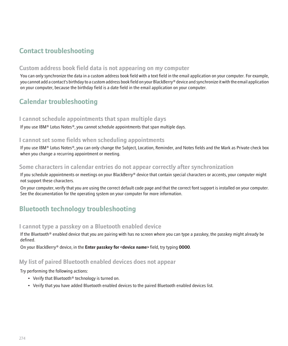 Contact troubleshooting, Calendar troubleshooting, Bluetooth technology troubleshooting | Blackberry 8320 User Manual | Page 276 / 288