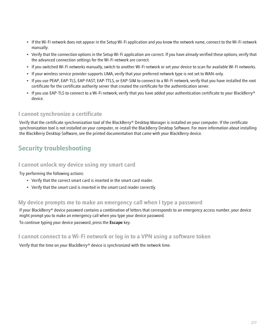 Security troubleshooting, I cannot synchronize a certificate, I cannot unlock my device using my smart card | Blackberry 8320 User Manual | Page 279 / 288