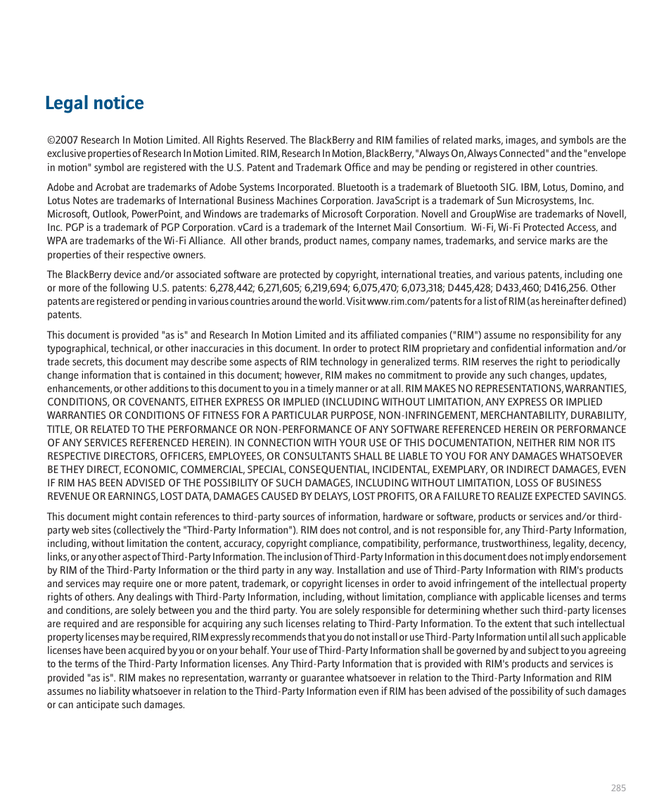 Legal notice | Blackberry 8320 User Manual | Page 287 / 288