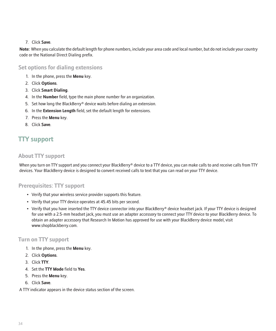 Tty support, Set options for dialing extensions, About tty support | Prerequisites: tty support, Turn on tty support | Blackberry 8320 User Manual | Page 36 / 288