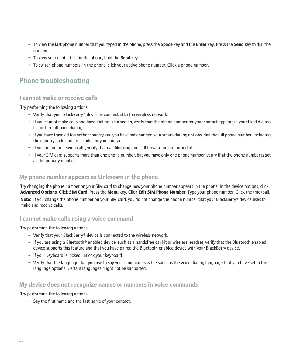 Phone troubleshooting, I cannot make or receive calls, My phone number appears as unknown in the phone | I cannot make calls using a voice command | Blackberry 8320 User Manual | Page 40 / 288