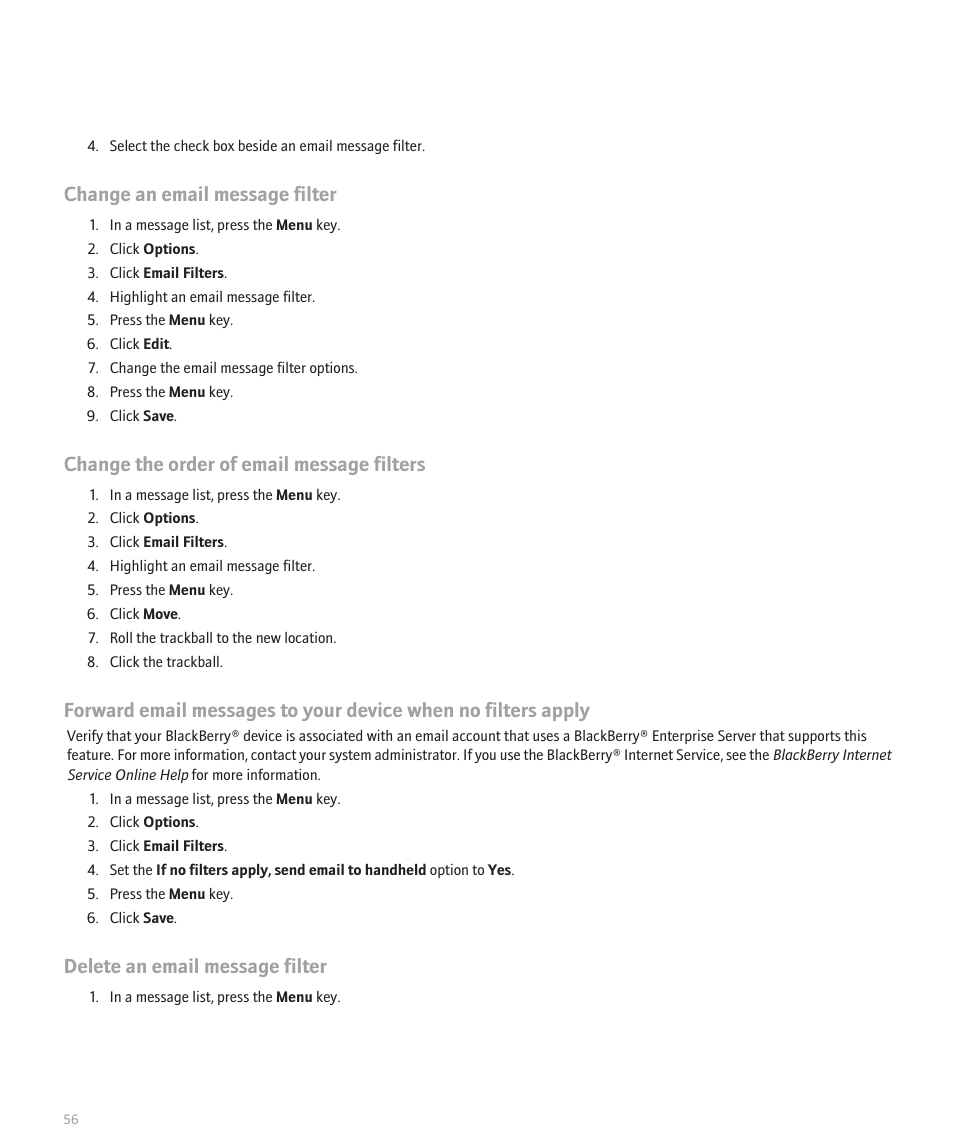 Change an email message filter, Change the order of email message filters, Delete an email message filter | Blackberry 8320 User Manual | Page 58 / 288
