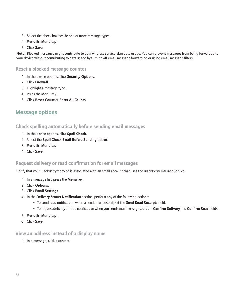 Message options, Reset a blocked message counter, View an address instead of a display name | Blackberry 8320 User Manual | Page 60 / 288