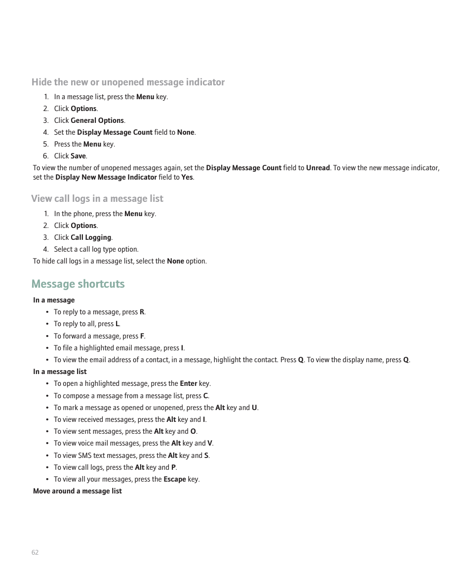 Message shortcuts, Hide the new or unopened message indicator, View call logs in a message list | Blackberry 8320 User Manual | Page 64 / 288
