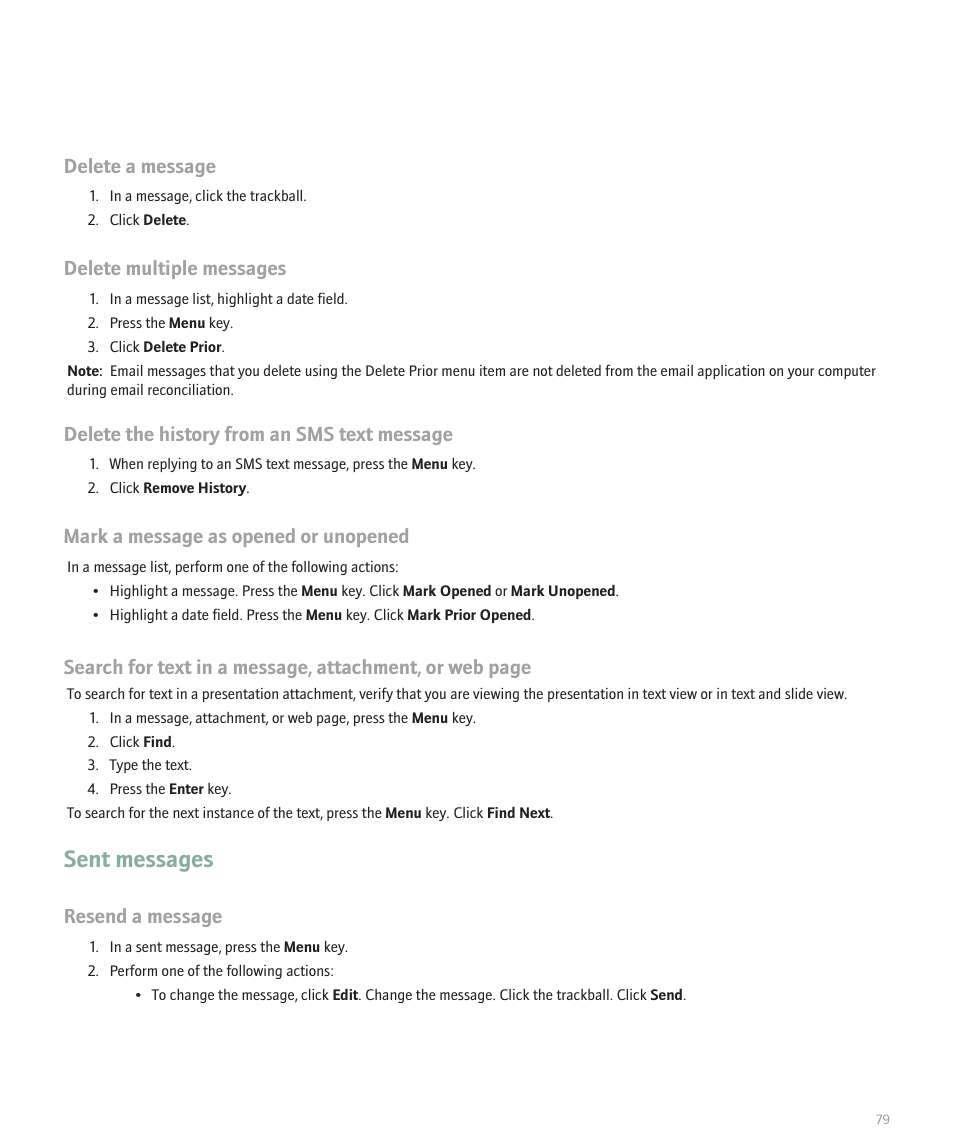 Sent messages, Delete a message, Delete multiple messages | Delete the history from an sms text message, Mark a message as opened or unopened, Resend a message | Blackberry 8320 User Manual | Page 81 / 288
