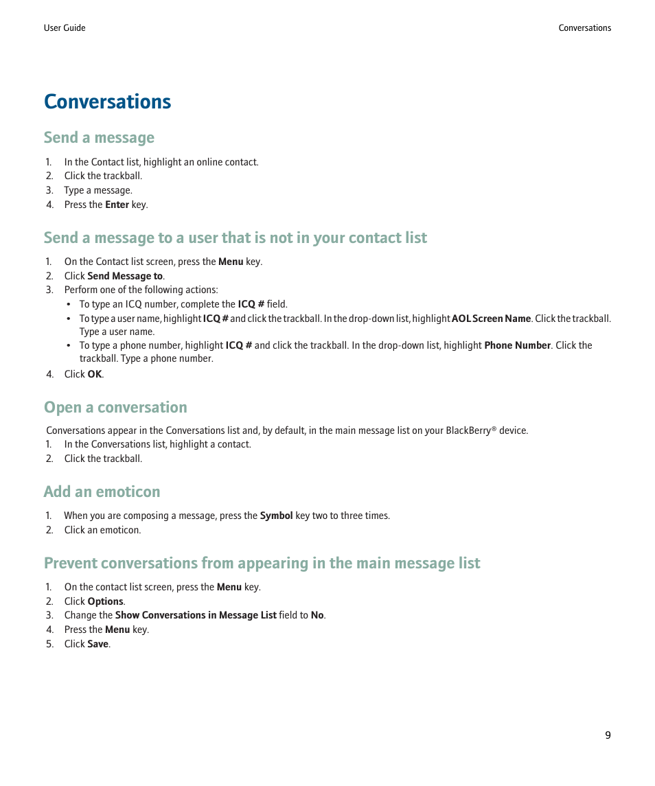 Conversations, Send a message, Open a conversation | Add an emoticon | Blackberry ICQ User Manual | Page 11 / 21