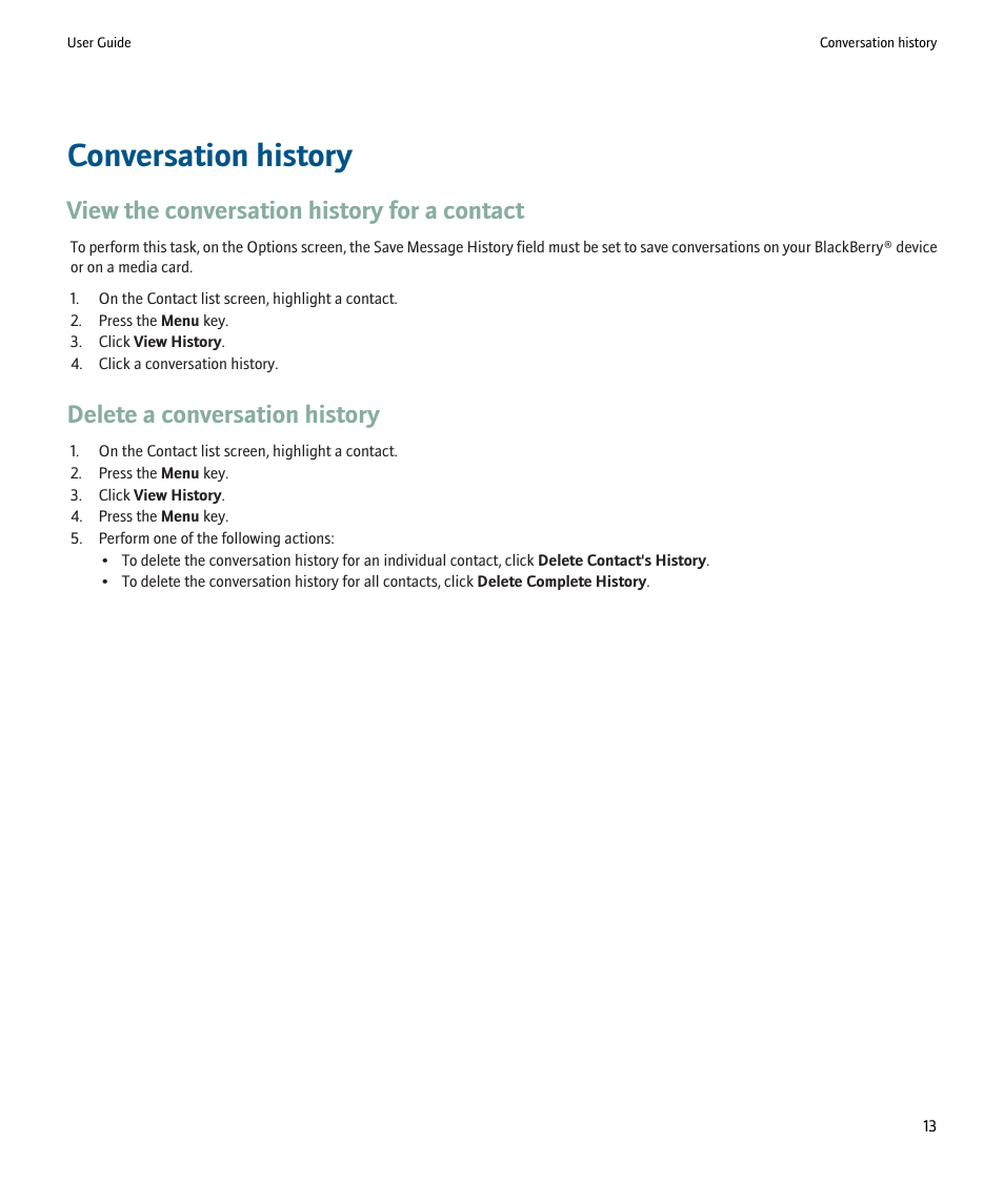 Conversation history, View the conversation history for a contact, Delete a conversation history | Blackberry ICQ User Manual | Page 15 / 21