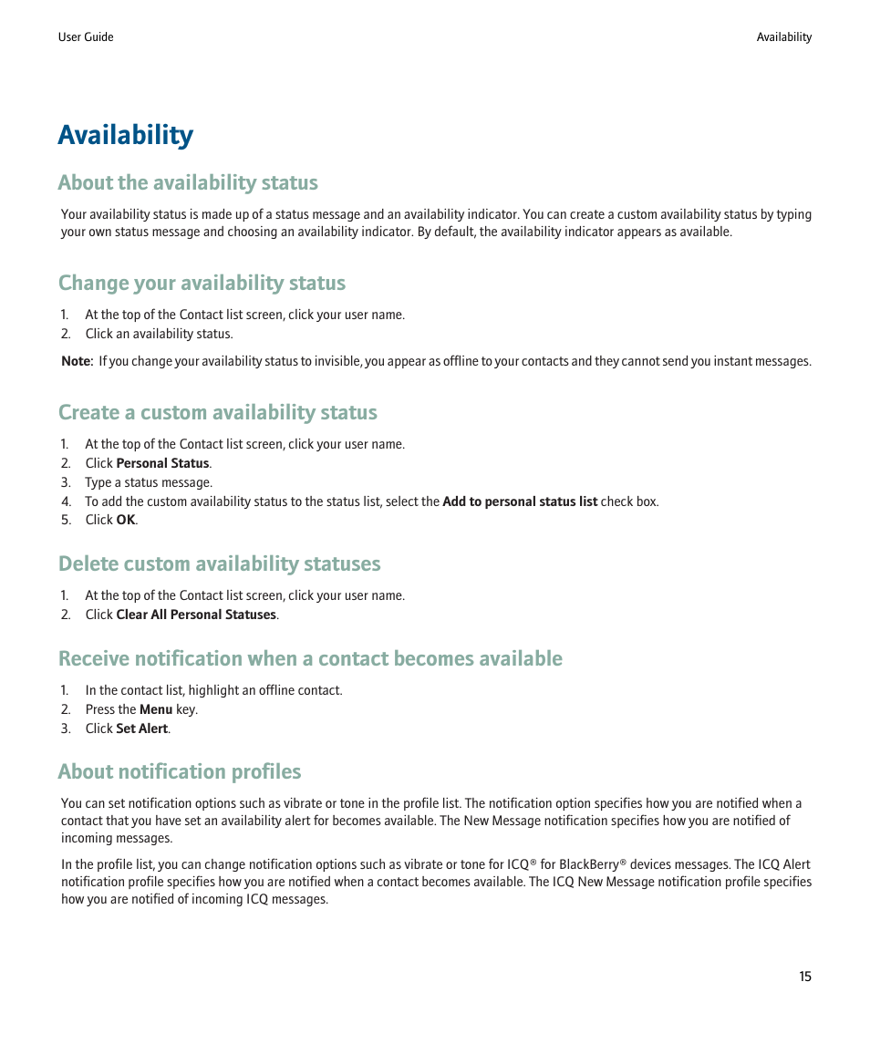 Availability, About the availability status, Change your availability status | Create a custom availability status, Delete custom availability statuses, About notification profiles | Blackberry ICQ User Manual | Page 17 / 21