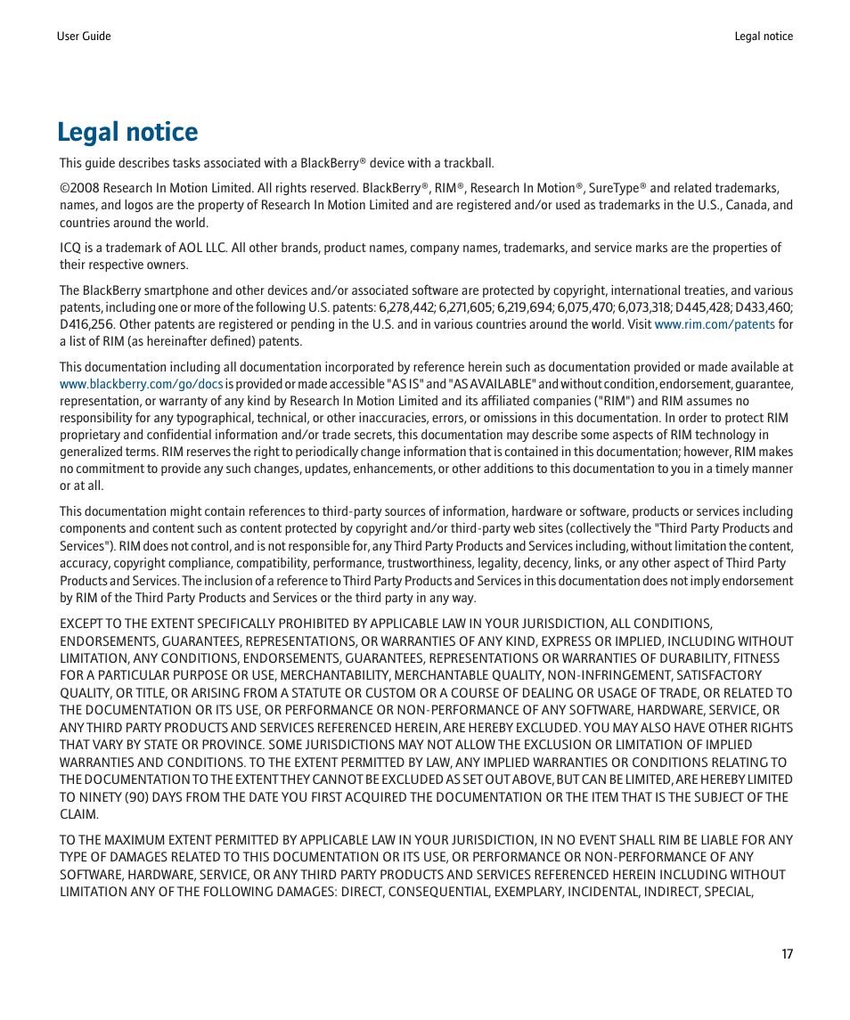 Legal notice | Blackberry ICQ User Manual | Page 19 / 21