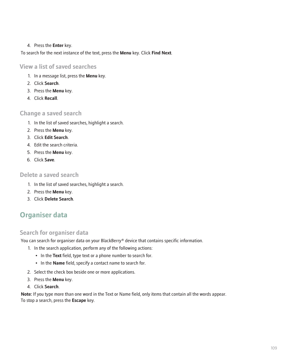 Organiser data, View a list of saved searches, Change a saved search | Delete a saved search, Search for organiser data | Blackberry Pearl 8110 User Manual | Page 111 / 287