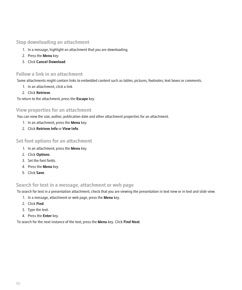 Stop downloading an attachment, Follow a link in an attachment, View properties for an attachment | Set font options for an attachment | Blackberry Pearl 8110 User Manual | Page 114 / 287