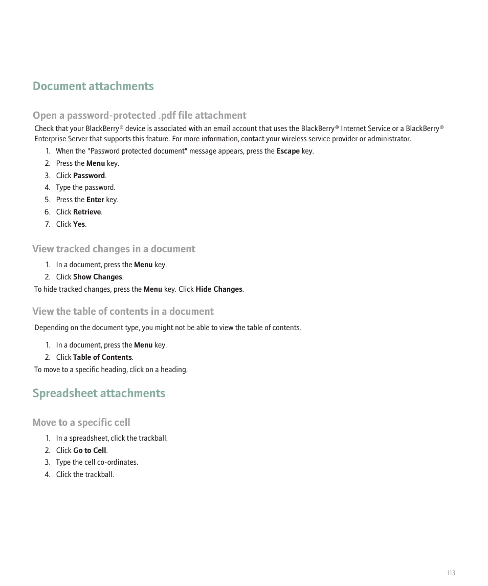 Document attachments, Spreadsheet attachments, Open a password-protected .pdf file attachment | View tracked changes in a document, View the table of contents in a document, Move to a specific cell | Blackberry Pearl 8110 User Manual | Page 115 / 287
