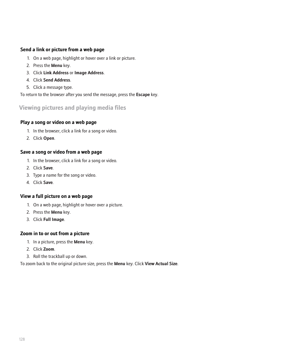 Viewing pictures and playing media files | Blackberry Pearl 8110 User Manual | Page 130 / 287