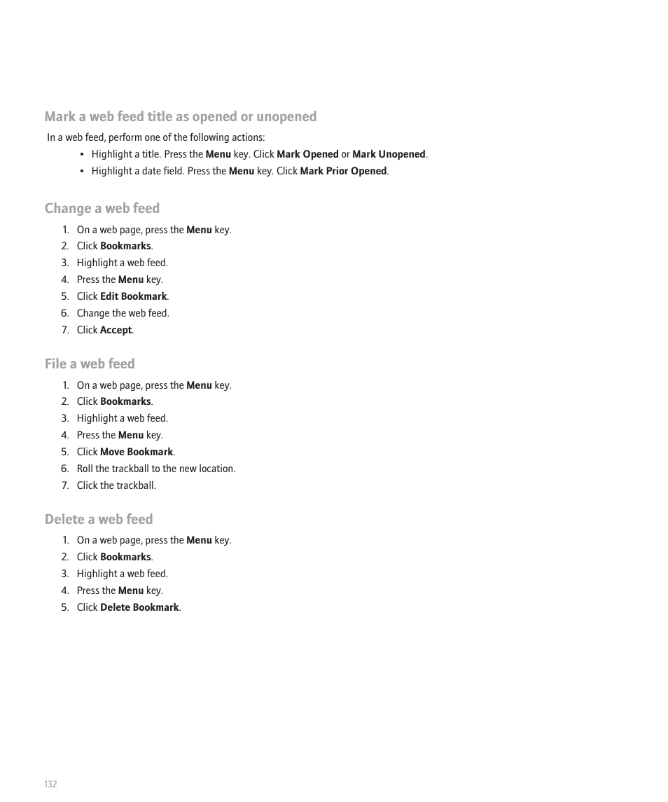 Mark a web feed title as opened or unopened, Change a web feed, File a web feed | Delete a web feed | Blackberry Pearl 8110 User Manual | Page 134 / 287