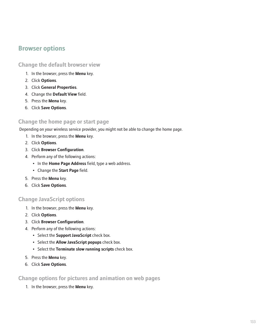 Browser options, Change the default browser view, Change the home page or start page | Change javascript options | Blackberry Pearl 8110 User Manual | Page 135 / 287
