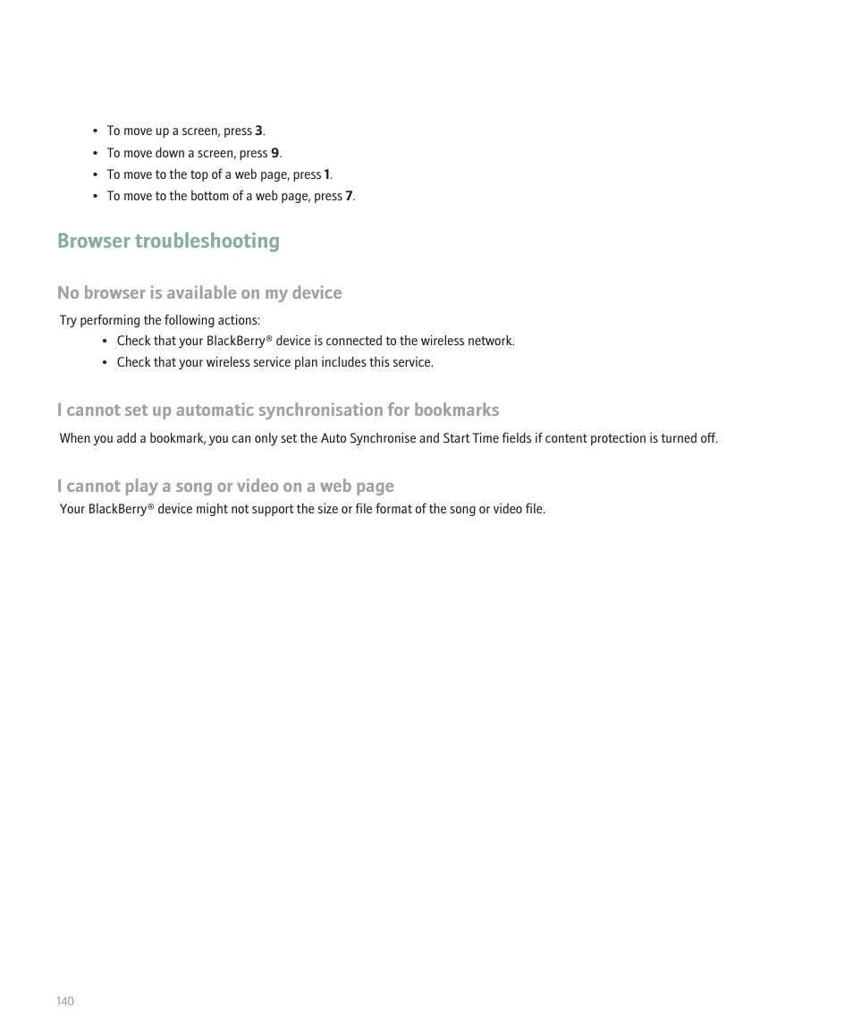 Browser troubleshooting | Blackberry Pearl 8110 User Manual | Page 142 / 287