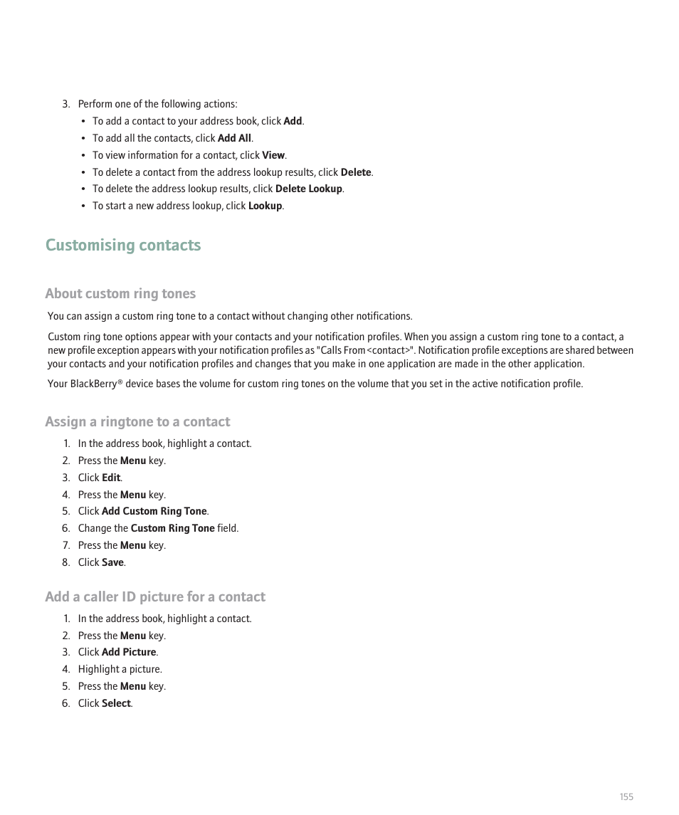 Customising contacts, About custom ring tones, Assign a ringtone to a contact | Add a caller id picture for a contact | Blackberry Pearl 8110 User Manual | Page 157 / 287