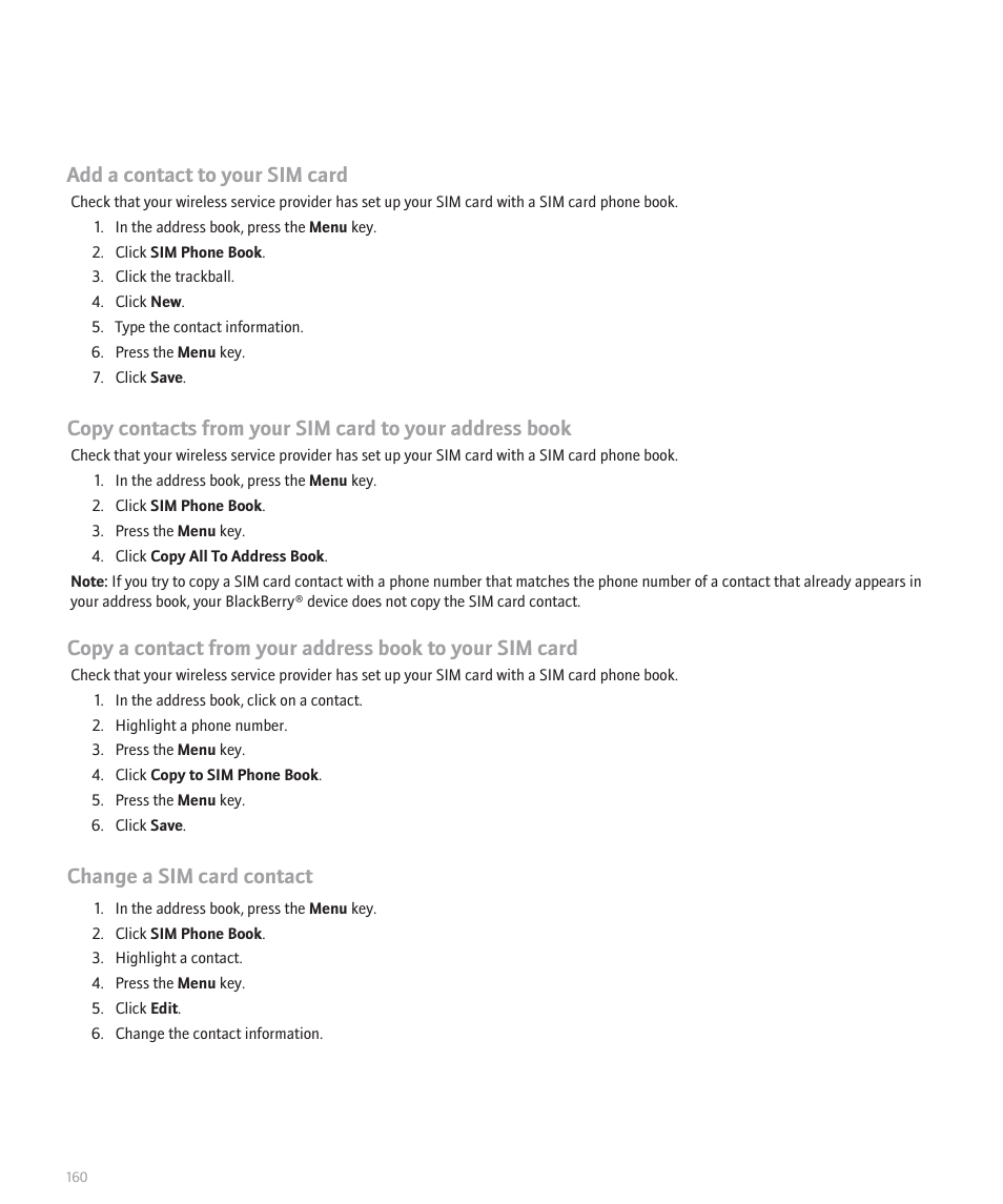 Add a contact to your sim card, Change a sim card contact | Blackberry Pearl 8110 User Manual | Page 162 / 287