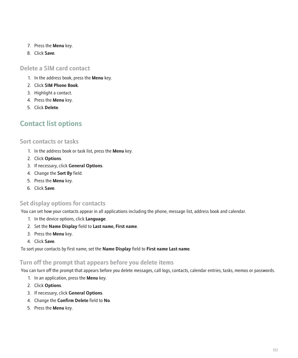 Contact list options, Set display options for contacts, Delete a sim card contact | Sort contacts or tasks | Blackberry Pearl 8110 User Manual | Page 163 / 287