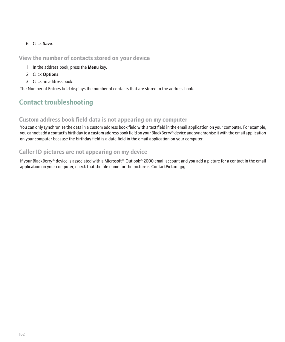 Contact troubleshooting, View the number of contacts stored on your device, Caller id pictures are not appearing on my device | Blackberry Pearl 8110 User Manual | Page 164 / 287