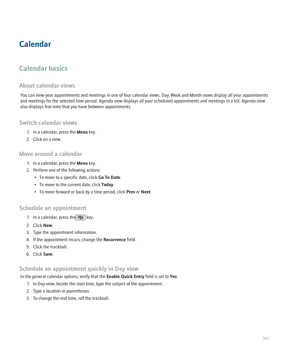 Calendar, Calendar basics, About calendar views | Switch calendar views, Move around a calendar, Schedule an appointment, Schedule an appointment quickly in day view | Blackberry Pearl 8110 User Manual | Page 165 / 287