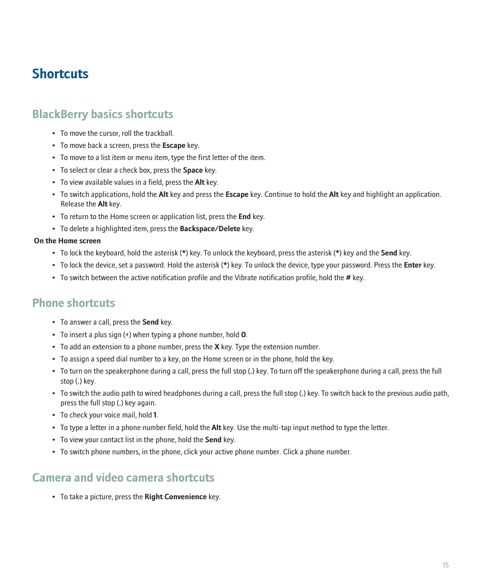 Shortcuts, Blackberry basics shortcuts, Phone shortcuts | Camera and video camera shortcuts | Blackberry Pearl 8110 User Manual | Page 17 / 287