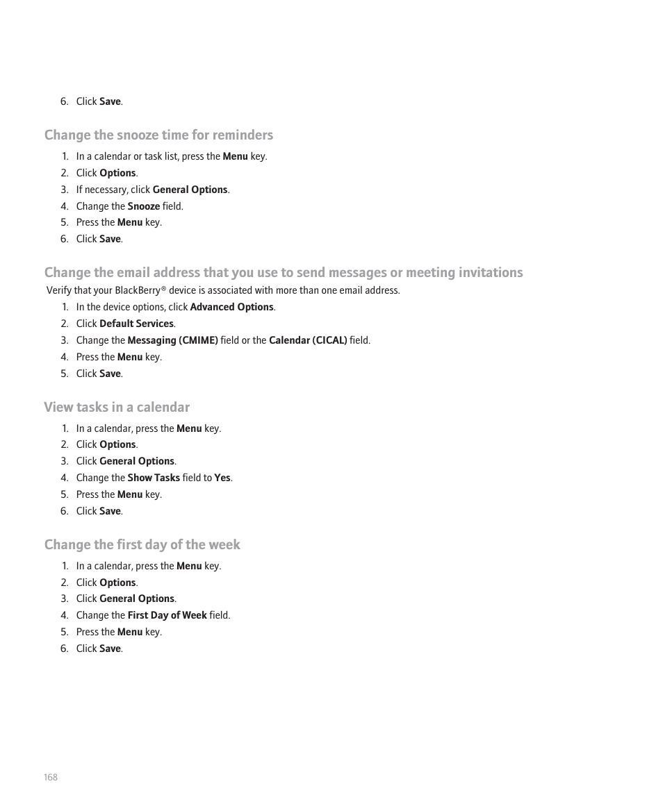 Change the snooze time for reminders, View tasks in a calendar, Change the first day of the week | Blackberry Pearl 8110 User Manual | Page 170 / 287