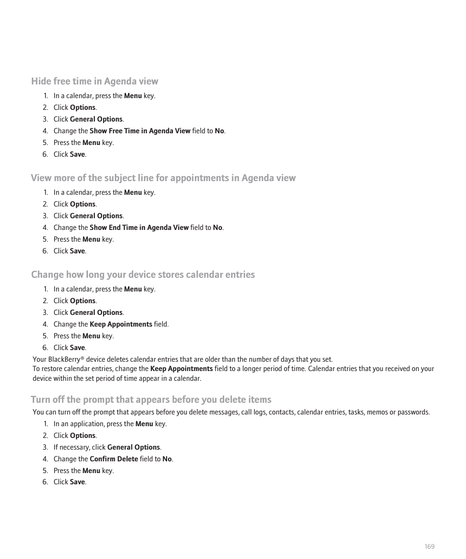 Hide free time in agenda view | Blackberry Pearl 8110 User Manual | Page 171 / 287