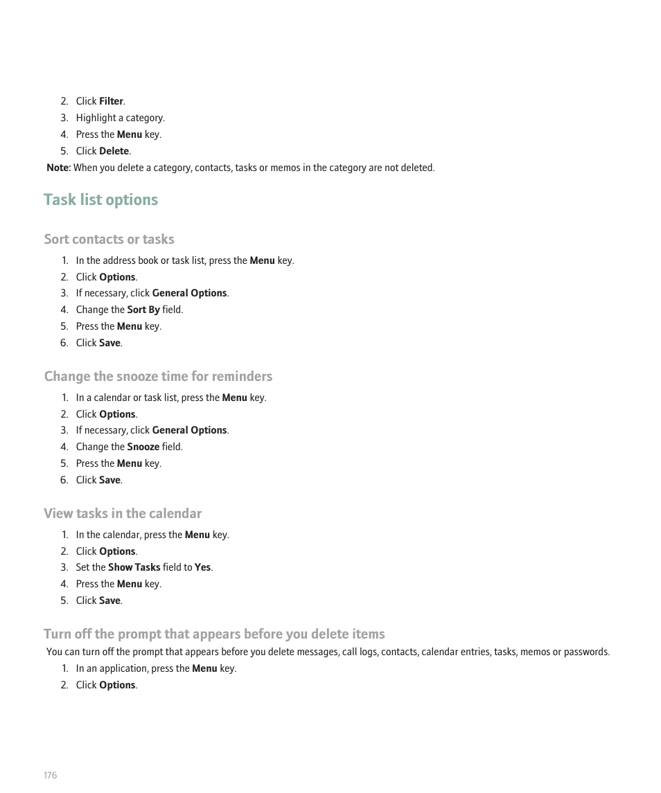 Task list options, Sort contacts or tasks, Change the snooze time for reminders | View tasks in the calendar | Blackberry Pearl 8110 User Manual | Page 178 / 287