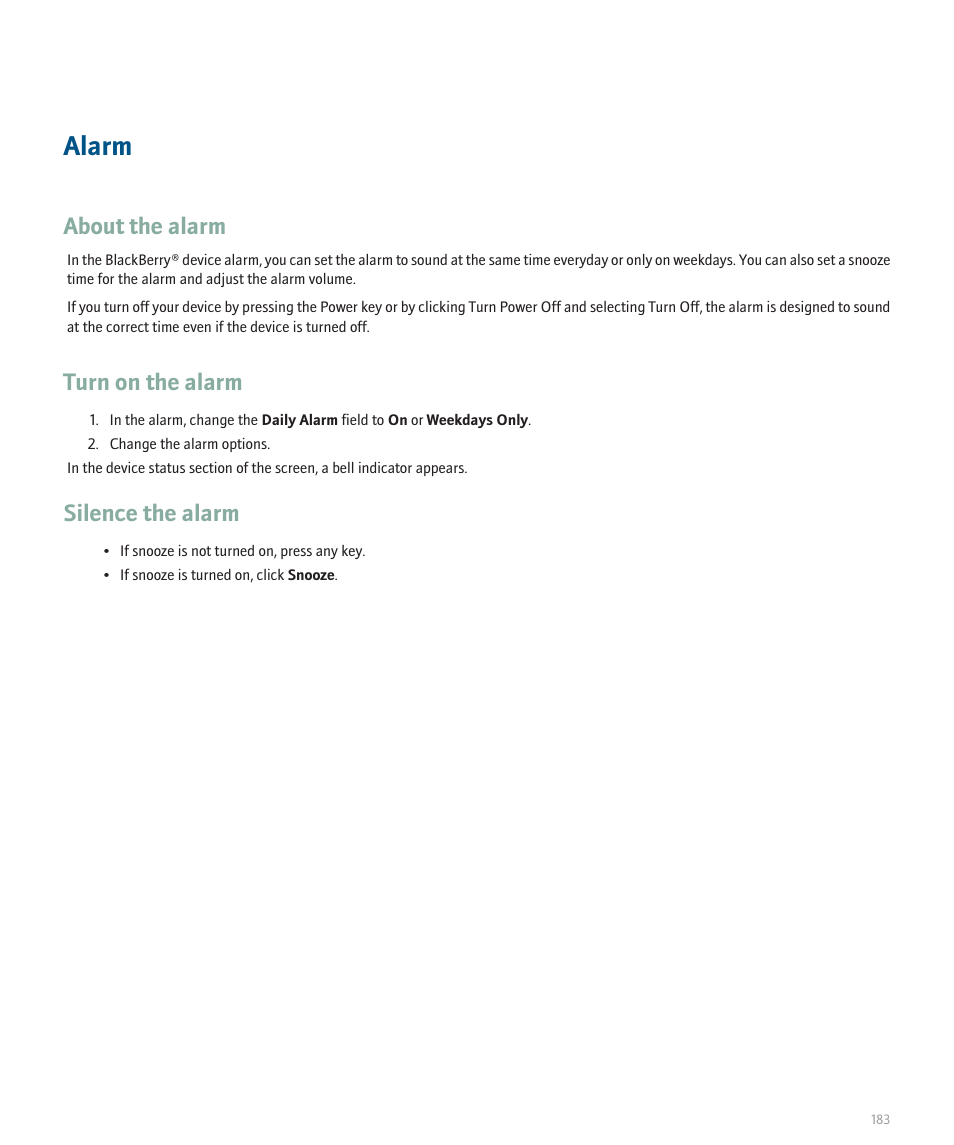Alarm, About the alarm, Turn on the alarm | Silence the alarm | Blackberry Pearl 8110 User Manual | Page 185 / 287
