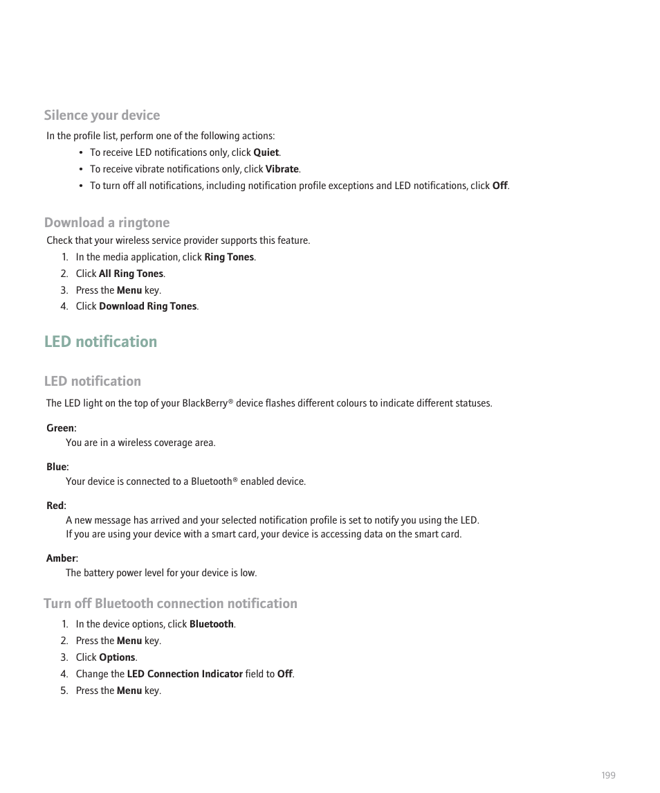 Led notification, Silence your device, Download a ringtone | Turn off bluetooth connection notification | Blackberry Pearl 8110 User Manual | Page 201 / 287