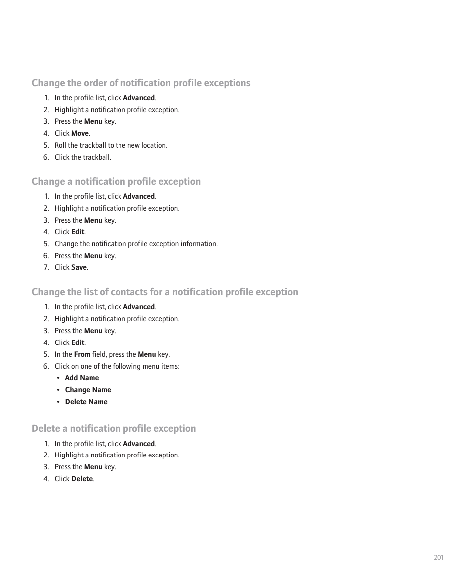 Change a notification profile exception, Delete a notification profile exception | Blackberry Pearl 8110 User Manual | Page 203 / 287