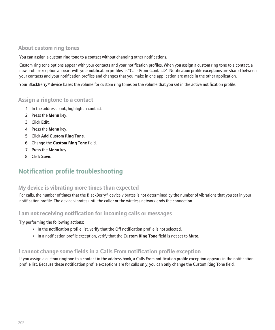 Notification profile troubleshooting, About custom ring tones, Assign a ringtone to a contact | My device is vibrating more times than expected | Blackberry Pearl 8110 User Manual | Page 204 / 287