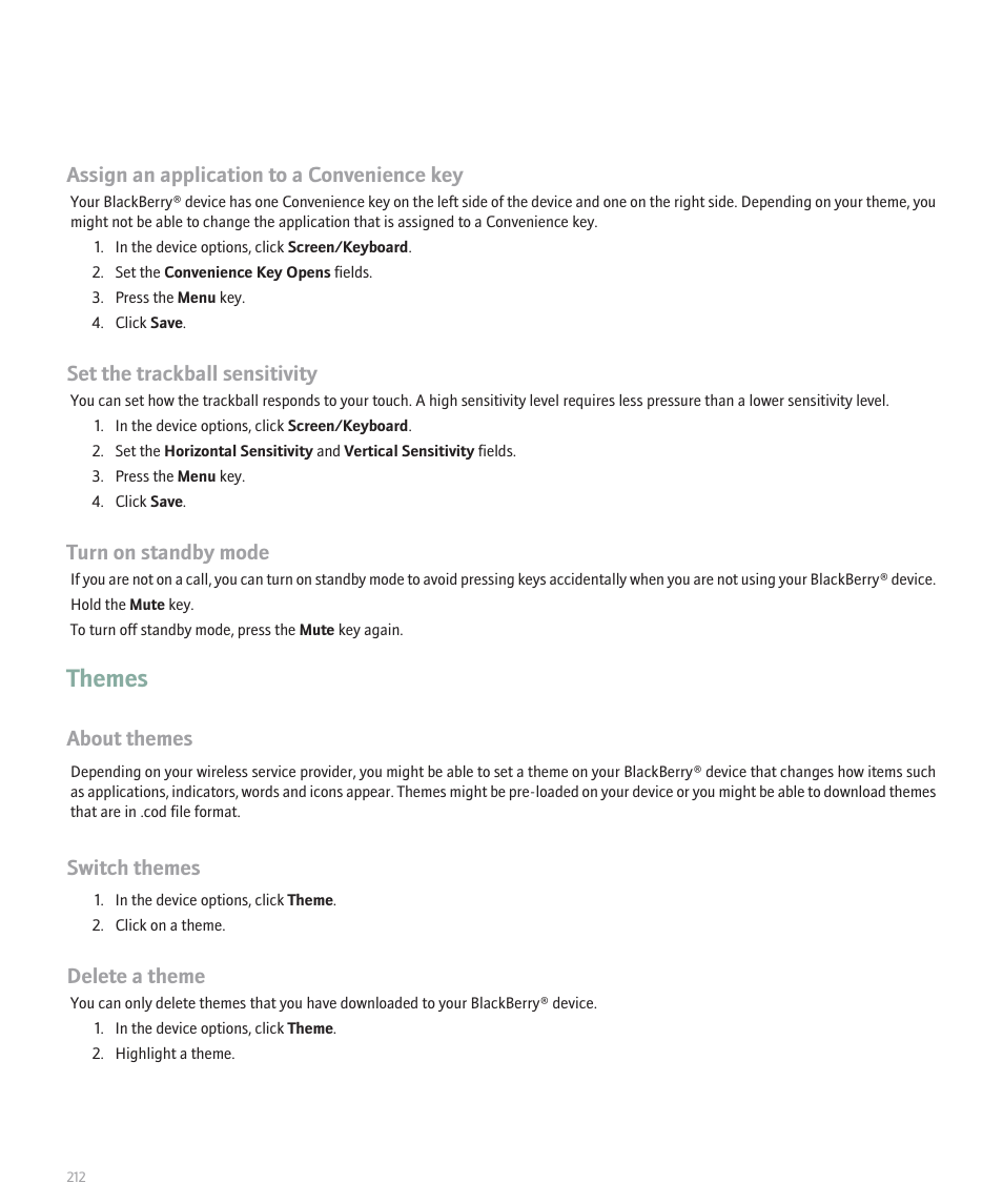 Themes, Assign an application to a convenience key, Set the trackball sensitivity | Turn on standby mode, About themes, Switch themes, Delete a theme | Blackberry Pearl 8110 User Manual | Page 214 / 287