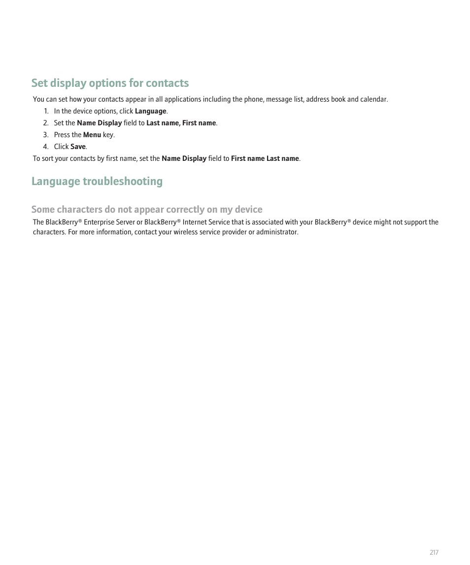 Set display options for contacts, Language troubleshooting | Blackberry Pearl 8110 User Manual | Page 219 / 287