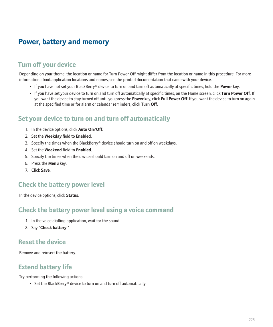 Power, battery and memory, Turn off your device, Check the battery power level | Reset the device, Extend battery life | Blackberry Pearl 8110 User Manual | Page 227 / 287