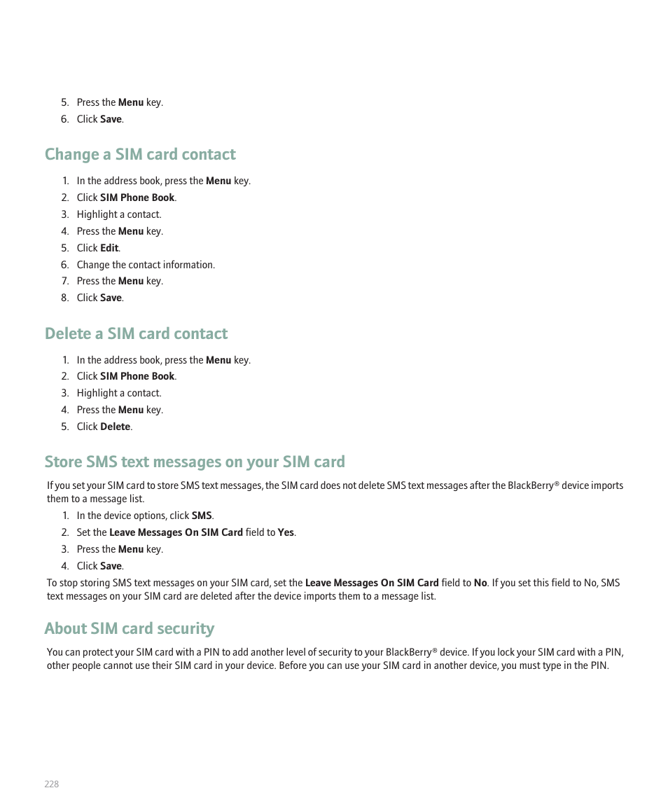 Change a sim card contact, Delete a sim card contact, Store sms text messages on your sim card | About sim card security | Blackberry Pearl 8110 User Manual | Page 230 / 287