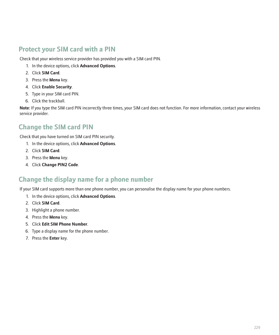 Protect your sim card with a pin, Change the sim card pin, Change the display name for a phone number | Blackberry Pearl 8110 User Manual | Page 231 / 287