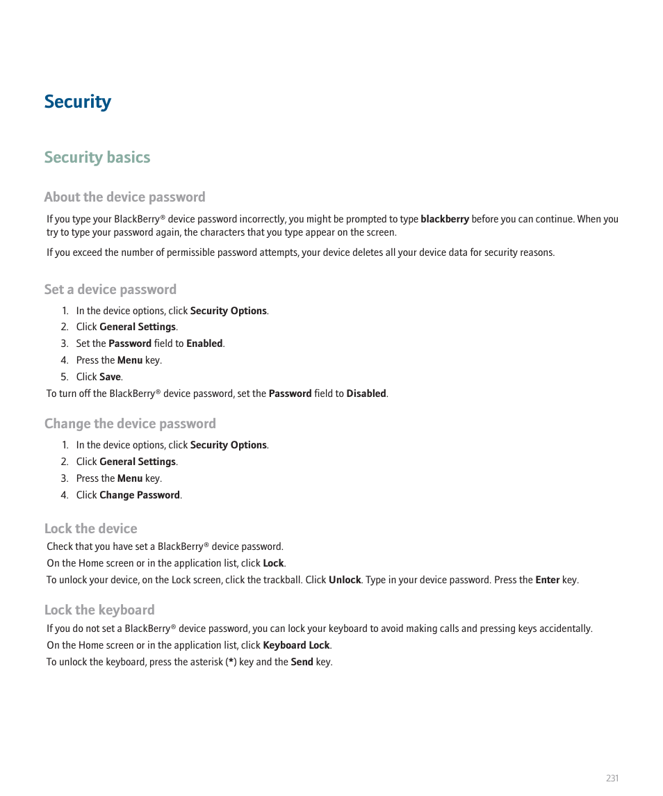 Security, Security basics | Blackberry Pearl 8110 User Manual | Page 233 / 287